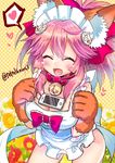  animal_ears apron balancing bell bell_collar breasts cleavage closed_eyes collar fangs fate/grand_order fate_(series) fox_ears hair_ribbon heart highres large_breasts long_hair looking_at_viewer naked_apron object_on_breast open_mouth pink_hair ribbon solo speech_bubble tamamo_(fate)_(all) tamamo_cat_(fate) tawawa_challenge teltelhousi 