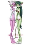  &lt;3 2016 anthro breasts cat clothed clothing dreamkeepers duo entwined_tails feline female flower flower_in_hair green_hair grey_hair hair hand_holding janvill lilith_calah long_hair mammal midriff namah_calah navel open_shirt panties plant purple_eyes simple_background spade_tail underwear white_background 