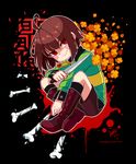  androgynous black_background blush_stickers bone boots broken_bone brown_hair chara_(undertale) collared_shirt dated evil_smile flower full_body glint heart heart_necklace highres holding holding_knife jewelry kneehighs knife necklace red_eyes sandragh shaded_face shirt shorts signature smile solo spoilers striped striped_sweater sweater undertale watermark web_address 