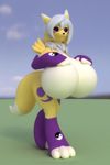  3d_(artwork) anthro anthroanim big_breasts breasts digimon digital_media_(artwork) female fur huge_breasts looking_at_viewer nude pose renamon rina_renamon smile solo white_fur yellow_fur 