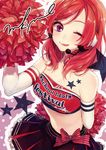  ;p absurdres arm_behind_back bare_shoulders blush cheerleader elbow_gloves eyebrows eyebrows_visible_through_hair gloves headset highres looking_at_viewer love_live! love_live!_school_idol_festival love_live!_school_idol_project midriff navel nishikino_maki one_eye_closed pom_pom_(clothes) pom_poms purple_eyes red_hair short_hair solo star_tattoo sudach_koppe takaramonozu tattoo tongue tongue_out 