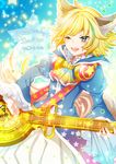  animal_ears blonde_hair blue_eyes cravat guitar happy_birthday headphones highlights instrument male_focus multicolored_hair one_eye_closed pecoe show_by_rock!! shu_zo_(show_by_rock!!) smile solo star tail 