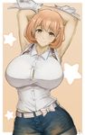  armpits arms_up belt blue_shorts breasts brown_eyes brown_hair button_gap cleavage denim denim_shorts gloves hair_ornament heart heart_hair_ornament highres huge_breasts kakeku looking_at_viewer midriff_peek narusawa_ryouka occultic;nine short_hair short_shorts shorts smile solo v white_gloves 