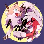  gen_7_pokemon liliao_yi lycanroc no_humans open_mouth pokemon pokemon_(creature) purple_background red_eyes tail teeth wolf_tail 