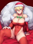  1girl alternate_costume artoria_pendragon_(all) artoria_pendragon_(lancer) bangs bare_shoulders blonde_hair blush braid breasts cape christmas cleavage collarbone commentary_request covered_navel detached_sleeves fate/grand_order fate_(series) french_braid fur_trim green_eyes green_ribbon hair_between_eyes hat highleg highleg_leotard highres kageshio_(276006) large_breasts leotard long_hair looking_at_viewer red_cape red_legwear red_leotard ribbon sack santa_costume santa_hat sidelocks sitting solo thighhighs thighs 