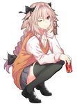  ;) absurdres astolfo_(fate) black_legwear braid can coke eyewear_removed fate/apocrypha fate_(series) glasses highres holding holding_eyewear loafers long_hair looking_at_viewer makise_medaka male_focus one_eye_closed otoko_no_ko pink_hair pleated_skirt school_uniform shoes simple_background skirt smile solo squatting thighhighs white_background 