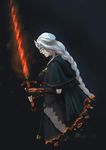 absurdres black_background breasts burning capelet chuxin_de_mao dark_souls_iii fire_keeper from_software highres long_hair medium_breasts solo souls_(from_software) sword weapon white_hair 