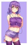  bare_shoulders blouse blush bracelet breasts brown_eyes cleavage cowboy_shot digital_media_player downscaled earphones frills gan_(shanimuni) groin hand_on_own_chest image_sample jewelry large_breasts looking_at_viewer md5_mismatch midriff original parted_lips purple purple_background purple_hair purple_legwear resized short_twintails shorts simple_background solo spaghetti_strap standing twintails twitter_sample 
