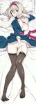  :3 absurdres alice_margatroid black_legwear blonde_hair blue_dress blue_eyes breasts capelet commentary_request dakimakura dress fakepucco frilled_sleeves frills full_body hairband highres knees_together_feet_apart large_breasts long_sleeves lying nipple_slip nipples no_panties on_back on_bed platinum_blonde_hair pubic_hair pussy_juice sash short_hair smile solo thighhighs touhou 