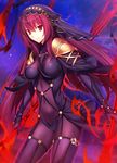  bangs between_breasts bodysuit breasts closed_mouth covered_navel cowboy_shot eyebrows eyebrows_visible_through_hair fate/grand_order fate_(series) fire fuyuki_(neigedhiver) gae_bolg glowing highres holding holding_weapon light_particles long_hair looking_at_viewer medium_breasts pauldrons polearm purple_bodysuit purple_hair red_eyes scathach_(fate)_(all) scathach_(fate/grand_order) smile solo spear thighhighs veil very_long_hair weapon 