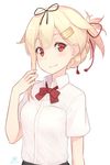  alternate_hairstyle arm_at_side bangs black_ribbon black_skirt blonde_hair bow bowtie braid breasts closed_mouth collared_shirt cosplay dan_(kumadan) dress_shirt eyelashes fang_out hair_flaps hair_ornament hair_ribbon hair_up hairclip kantai_collection kimi_no_na_wa looking_at_viewer medium_breasts miyamizu_mitsuha miyamizu_mitsuha_(cosplay) parody red_bow red_eyes red_neckwear red_ribbon remodel_(kantai_collection) ribbon school_uniform shirt short_sleeves sidelocks simple_background single_braid skirt smile solo upper_body white_background white_shirt yuudachi_(kantai_collection) 