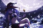  a-line bad_id bad_pixiv_id black_skirt blue_eyes breasts cleavage closed_eyes detached_sleeves hat highleg highleg_panties long_hair medium_breasts navel original panties purple_hair sitting skirt solo star torn_clothes torn_sleeves underwear witch_hat 