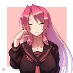  breasts closed_eyes large_breasts logo long_hair nitroplus ootori_kanae_(soukou_akki_muramasa) pink_hair school_uniform smile solo soukou_akki_muramasa very_long_hair yan_wan 