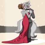  2017 anthro bow_tie brown_hair canid canine canis chloe_shiwulf clothed clothing dancing digital_media_(artwork) dress duo eye_contact female fur green_eyes grey_fur hair hand_holding hand_on_back hi_res male mammal open_mouth purple_eyes roger_(zp92) romantic_couple simple_background smile standing suit wolf zp92 