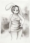  anthro clothed clothing female lagomorph looking_at_viewer mammal monochrome rabbit smile solo standing waffleirony 