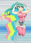  bare_shoulders blue_eyes blush_stickers calen_(time_bokan) covered_nipples full_body gloves goggles goggles_on_head green_hair highres leotard level-5 open_mouth pink_leotard ponytail see-through silhouette solo tatsunoko_pro thighhighs time_bokan_(series) time_bokan_24 tof white_gloves 