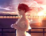  backlighting bare_shoulders blurry blurry_background breasts bridge closed_mouth cloud cloudy_sky collarbone commentary_request evening expressionless floating_hair ground_vehicle holding holding_umbrella looking_to_the_side medium_breasts multicolored multicolored_sky ocean off_shoulder original outdoors profile railing rain recotasan red_eyes red_hair reflection shirt sky solo sunlight train transparent transparent_umbrella umbrella upper_body white_shirt wind wind_lift 