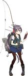 akebono_(kantai_collection) bell black_footwear blue_skirt boots drew_(drew213g) fishing_gear fishing_rod flower full_body hair_bell hair_flower hair_ornament jingle_bell kantai_collection official_art pantyhose purple_hair rubber_boots skirt solo transparent_background 