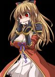  black_background black_bow blonde_hair blush bow breasts cleavage dress empty_eyes granblue_fantasy hair_bow highres long_hair medium_breasts nitoro_(nasenaru) open_mouth ponytail purple_ribbon red_eyes ribbon smile solo vira_lilie yandere 