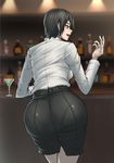  alcohol ass ass_focus bad_id bad_pixiv_id bar black_hair blush brown_eyes cocktail_glass cup drinking_glass from_behind highres office_lady open_mouth original pantylines pencil_skirt short_hair skirt smile solo vanzan 