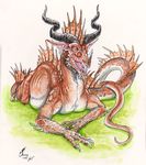  dragon ear_piercing fangs feral horn jaxxblackfox male open_mouth piercing solo teeth tongue traditional_media_(artwork) 