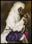  anthro avian beak bird clothed clothing feathers jaxxblackfox male sitting smile solo topless vulture 