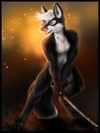  anthro blood canine fur hair jaxxblackfox male mammal melee_weapon nude open_mouth solo standing sword weapon 