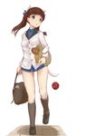  apple bag baguette black_legwear blue_eyes brave_witches bread brown_hair dropping food fruit georgette_lemare groceries grocery_bag guraasan highres kneehighs paper_bag shopping_bag solo tail thighs twintails uniform white_background world_witches_series 