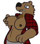  2016 aliasing anthro bear blush breasts brown_fur clothed clothing digital_media_(artwork) female flannel fur grope mammal nipples shirt simple_background solo teeth trout_(artist) trout_(character) 