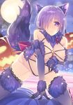  all_fours animal_ears blush breast_hold breasts closed_mouth dangerous_beast elbow_gloves fang fang_out fate/grand_order fate_(series) full_moon fur-trimmed_gloves fur-trimmed_legwear fur_trim gloves hair_over_one_eye halloween_costume lace lace-trimmed_thighhighs large_breasts looking_at_viewer mash_kyrielight moon o-ring o-ring_top pumpkin purple_eyes purple_hair revealing_clothes ribbon short_hair smile solo tail thighhighs wolf_ears wolf_tail yukichin 