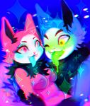  2016 anthro blue_fur blush cameowmile canine duo female fox fur glowing male mammal monster multi_tail one_eye_closed pink_fur saturated simple_background solo tagme telemonster were werewolf wink yossi 