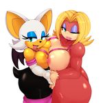  anthro bat big_breasts blonde_hair blue_eyes breasts butt candy_kong cleavage clothed clothing donkey_kong_(series) duo female gloves green_eyes hair half-closed_eyes hand_holding mammal matospectoru monkey nintendo one_eye_closed open_mouth primate rouge_the_bat simple_background sonic_(series) standing video_games wings wink 