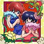  2girls blue_hair braid brown_eyes china_dress chinese_clothes folding_fan genderswap genderswap_(mtf) multiple_girls ranma-chan ranma_1/2 red_hair saotome_ranma single_braid tendou_akane wantan-orz 