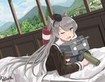  amatsukaze_(kantai_collection) artist_name blanket hair_tubes kantai_collection long_hair looking_at_viewer lying mountain on_bed on_stomach one_eye_closed open_mouth plant rensouhou-kun retorillo shell_casing silver_hair tears two_side_up white_eyes window yellow_eyes 
