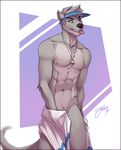  2016 abs anthro biceps feralise green_eyes hat invalid_tag jewelry male mammal mustelid navel necklace one_eye_closed otter pecs solo tongue tongue_out towel visor wink 