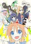  5girls :d ahoge arm_sling bangs_pinned_back blonde_hair blush bunny flip_flappers hair_ornament hairclip headphones headphones_around_neck hidaka_(flip_flappers) highres kojima_takashi kokomine_cocona long_hair multicolored_hair multiple_boys multiple_girls open_mouth orange_hair papika_(flip_flappers) salt_(flip_flappers) sayuri_(flip_flappers) school_uniform serafuku short_hair simple_background smile streaked_hair sunglasses toto_(flip_flappers) tt-392 uexkull white_background yayaka yuyu_(flip_flappers) 