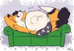  2016 4_toes anthro armpit_hair belly big_belly black_fur black_hair black_nose black_tail boxers_(clothing) canine claws clothed clothing crossed_legs digital_media_(artwork) dipstick_tail excitablepup eyes_closed fluffy fluffy_tail fox fur hair hands_behind_head licking licking_lips lying male mammal markings multicolored_fur multicolored_tail nipples on_back onomatopoeia orange_fur orange_tail post_vore relaxing signature simple_background socks_(marking) sofa solo sound_effects tanio toe_claws toes tongue tongue_out underwear vore white_fur white_tail 