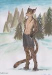  abs anthro clothed clothing feline hands_in_pockets looking_at_viewer lynx male mammal outside snow solo standing topless traditional_media_(artwork) waffleirony 