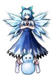  &gt;:) blue_bow blue_dress blue_eyes blue_hair bow cirno closed_mouth crossed_arms danganronpa dress full_body hair_bow highres ice ice_wings komatsuzaki_rui_(style) looking_at_viewer neck_ribbon parody puffy_short_sleeves puffy_sleeves red_ribbon ribbon short_hair short_sleeves smile snowman socks solo style_parody taku_(harajuku) touhou transparent_background v-shaped_eyebrows white_legwear wings 
