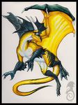  dragon feral horn jaxxblackfox male simple_background solo traditional_media_(artwork) wings 