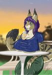  anthro beverage big_breasts breasts clothed clothing fangs feline female huge_breasts mammal outside sitting smile solo teeth waffleirony 