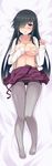  black_hair breasts collarbone commentary_request covering covering_breasts dakimakura eyebrows eyebrows_visible_through_hair full_body hair_over_one_eye hayashimo_(kantai_collection) highres kantai_collection kusano_(torisukerabasu) large_breasts long_hair looking_at_viewer lying on_back on_bed open_clothes open_mouth open_shirt panties pantyhose pantyshot pantyshot_(lying) purple_eyes purple_legwear purple_skirt shirt skirt solo underwear 