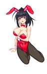  :o animal_ears black_eyes black_hair breasts bunny_ears bunnysuit cleavage detached_sleeves fishnet_pantyhose fishnets full_body high_ponytail kirihara_konoe kure_masahiro large_breasts leotard long_hair looking_at_viewer official_art open_mouth pantyhose red_leotard simple_background solo valkyrie_drive valkyrie_drive_-siren- white_background 