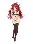 between_breasts breasts gift gift_between_breasts halterneck highres kisaragi_setsuna kure_masahiro large_breasts long_hair official_art red_eyes red_hair shirt_tug simple_background solo thighhighs valkyrie_drive valkyrie_drive_-siren- white_background wristband 