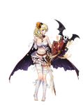  artist_request bandaged_head bandages bat bat_wings blonde_hair blue_eyes bow cape elise_(royal_flush_heroes) full_body hair_bow halloween highres holding holding_weapon jack-o'-lantern long_hair looking_at_viewer navel parted_lips royal_flash_heroes shield side_ponytail skirt skull solo sword toes transparent_background weapon wings 