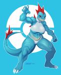  3_toes 5_fingers anthro anthrofied barefoot blue_scales breasts claws clothing croxot_(artist) eyelashes fangs feet female feraligatr midriff muscular muscular_female navel nintendo plantigrade pok&eacute;mon red_eyes scales simple_background solo swimsuit teeth toes under_boob video_games 