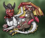  anthro canine collar dragon duo female feral horn hybrid jaxxblackfox male mammal smile wings 