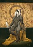  5_toes anthro badger black_fur black_nose claws fur grey_fur male mammal mustelid navel nude scale_(artist) sitting smile solo toes traditional_media_(artwork) 