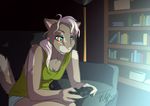  anthro clothed clothing feline female inside mammal open_mouth sitting solo video_games waffleirony 