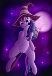  007delta 2016 broom equine female feral friendship_is_magic fur hair hat horn mammal moon multicolored_hair my_little_pony purple_eyes purple_fur pussy sky smile solo twilight_sparkle_(mlp) unicorn wizard_hat 